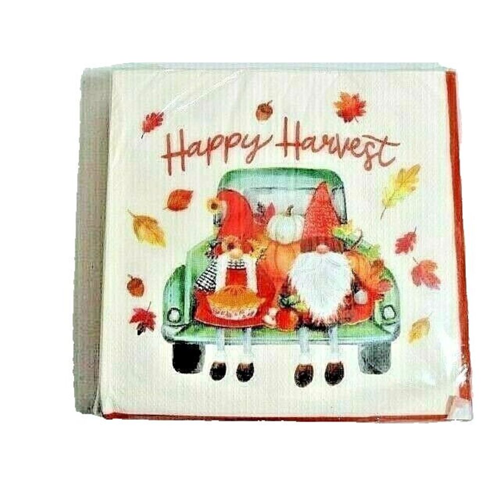 Happy Harvest Gnomes Party Paper Napkins Pie Blue Truck 40-Pc Autumn Leaves NIP